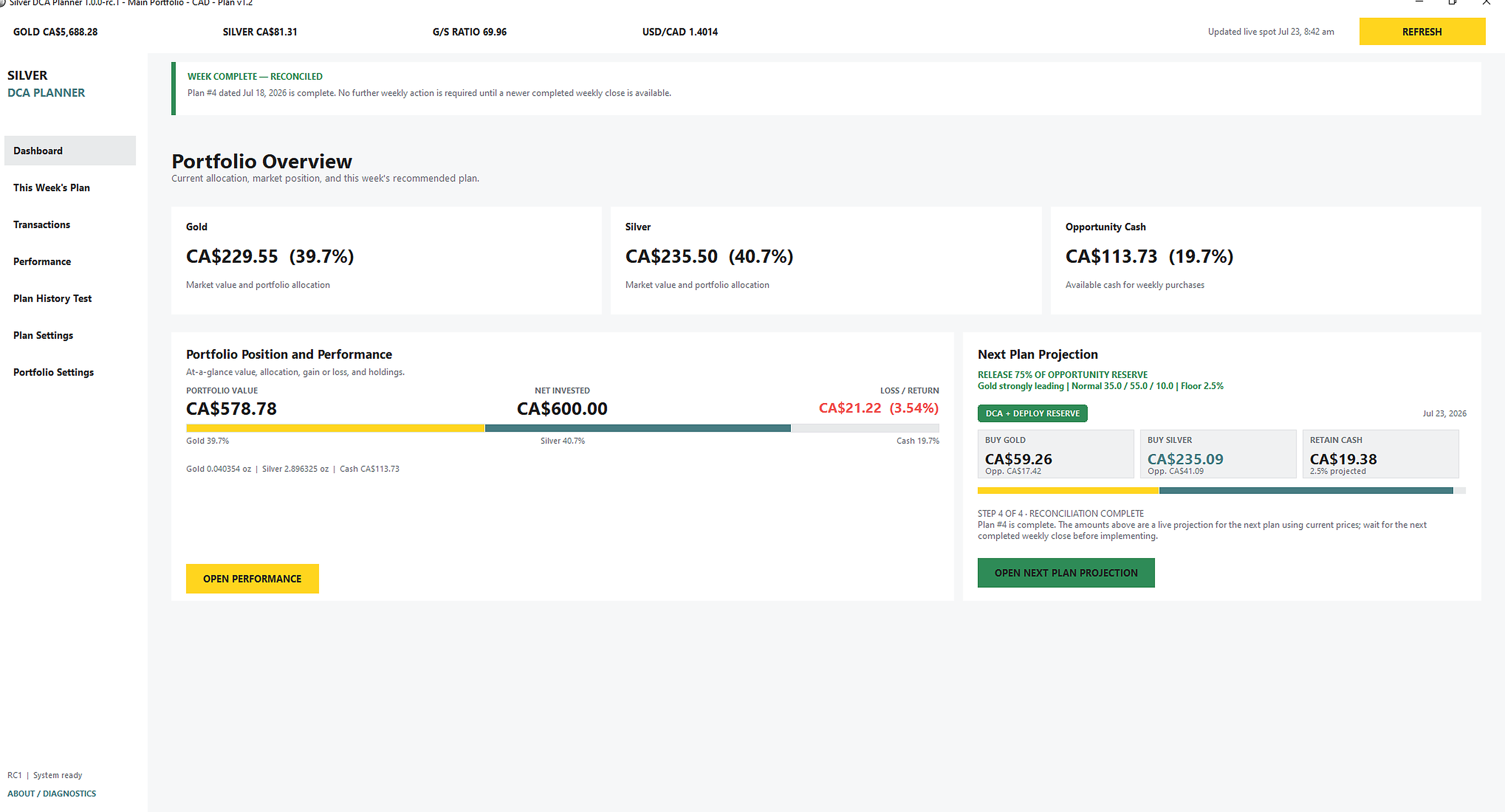Silver DCA Planner dashboard