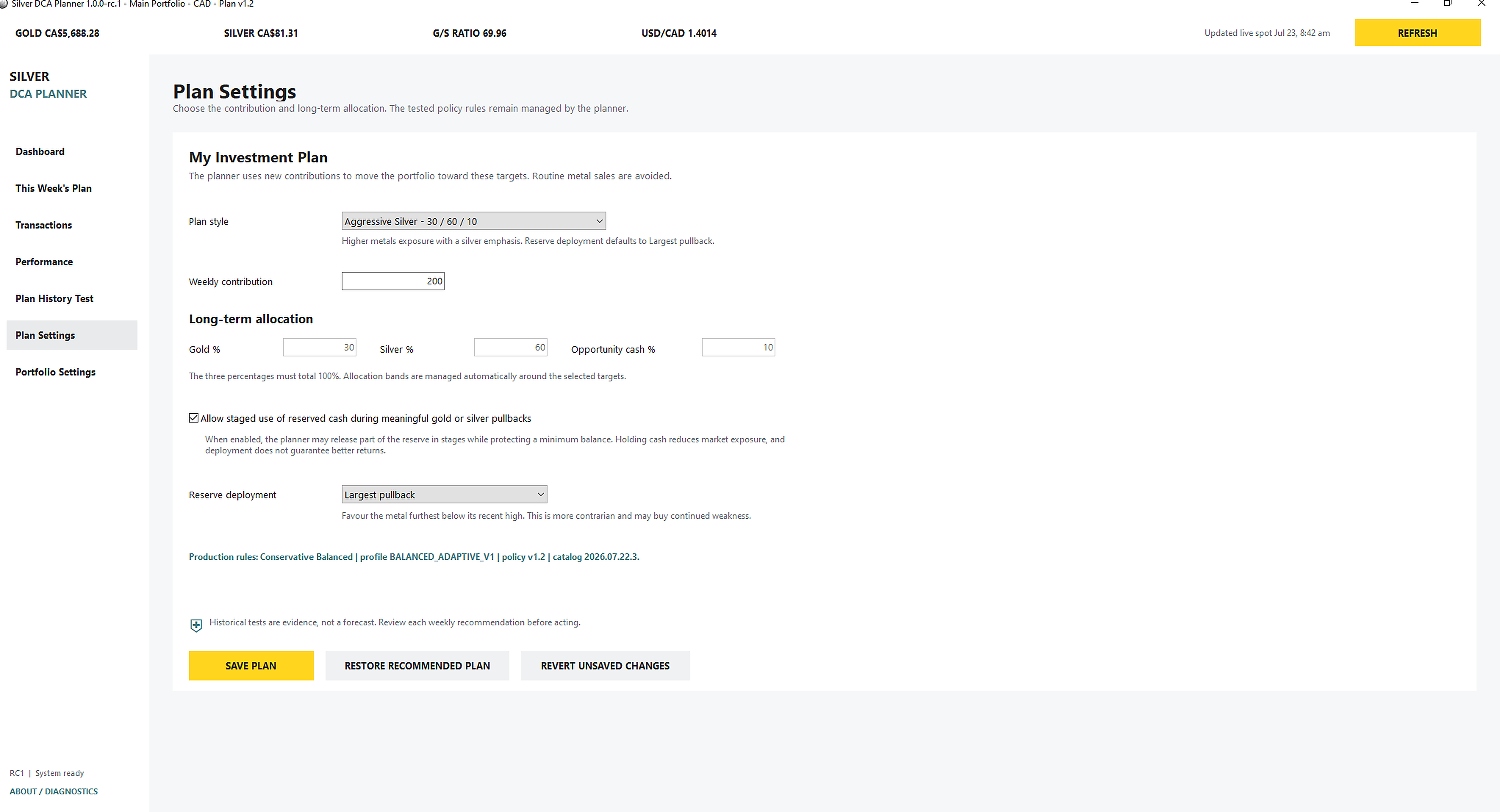 Plan Settings showing policy presets and reserve deployment preference