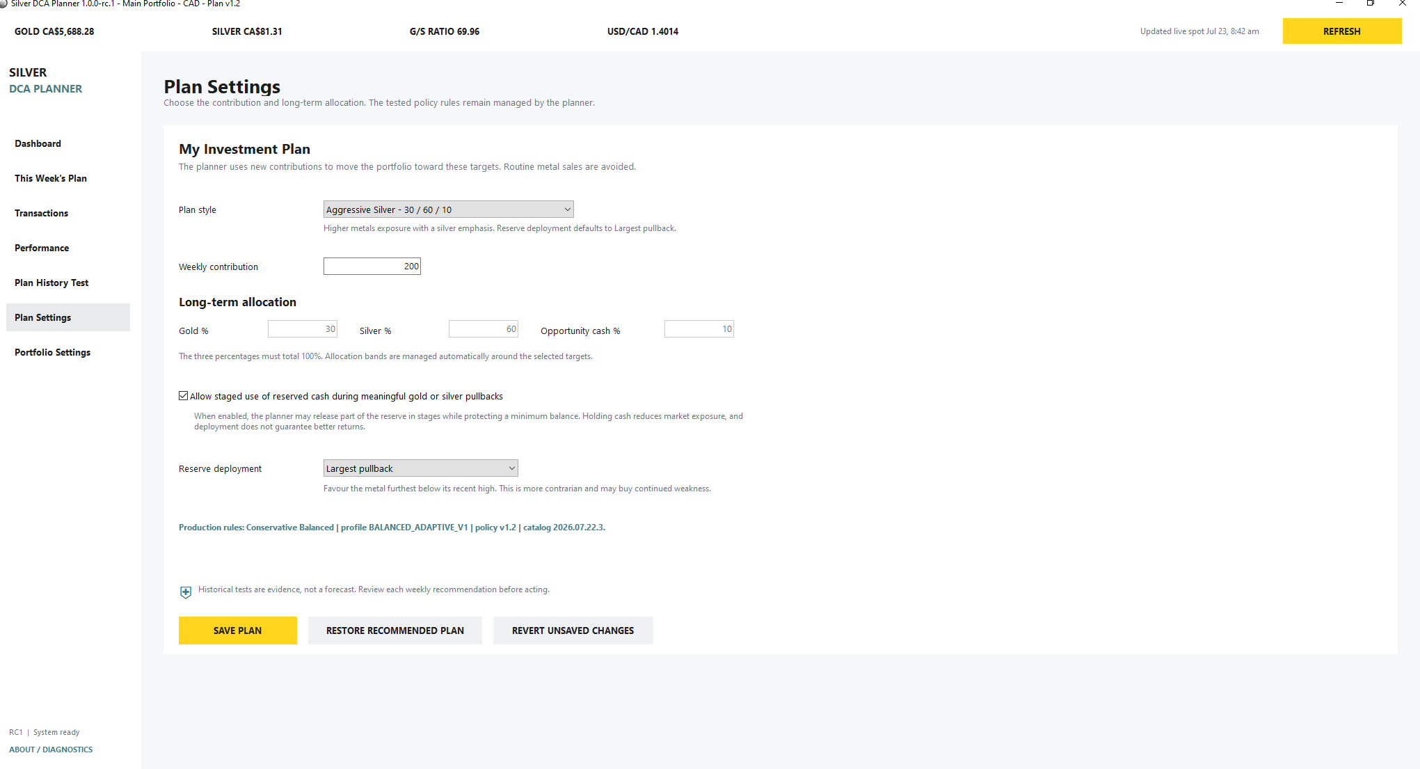 Plan Settings showing allocation presets and reserve deployment preference