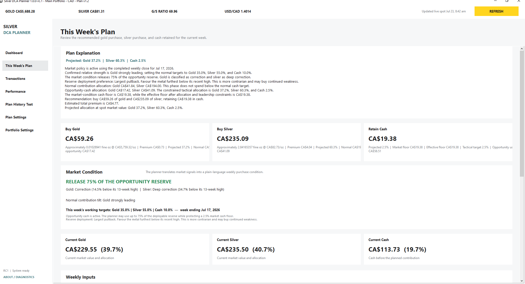 Weekly Plan screen showing contribution allocation and an opportunity reserve release